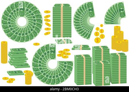 Collection de pièces et billets en dollars, monnaie monétaire, monnaie de dessin animé. Illustration de vecteur de paquets de dollars, de pièces. Conception plate Illustration de Vecteur