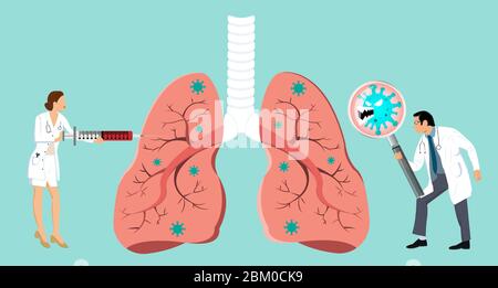 Médecin inspectant les affectés de dommages des cellules coronavirus sur le poumon par loupe. Le médecin combat CoVID-19 par le vaccin hypodermique à seringue et Illustration de Vecteur