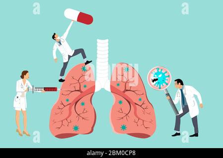 Médecin inspectant les affectés de dommages des cellules coronavirus sur le poumon par loupe. Le médecin combat CoVID-19 par le vaccin hypodermique à seringue et Illustration de Vecteur