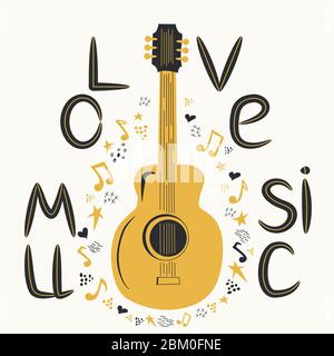 Guitare acoustique entourée de notes, l'inscription Love Music, Country Music. Country Cowboy Music Festival Creative Event Live Event Poster concept Illustration de Vecteur