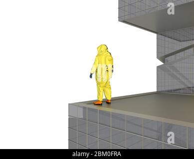 homme en costume de protection chimique jaune debout sur le bord du bâtiment moderne sur fond blanc. rendu 3d Banque D'Images