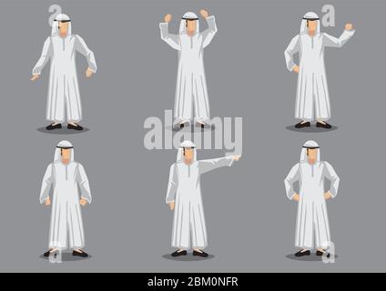 Ensemble de six illustrations vectorielles de dessin animé musulman portant un costume traditionnel islamique de robe blanche avec harnais dans divers geste isolé sur gris Illustration de Vecteur