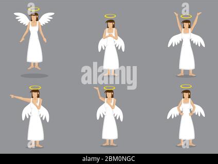 Ensemble de six illustrations vectorielles de l'ange de dame portant une longue robe blanche avec des ailes sur le dos et un halo au-dessus de la tête isolé sur fond gris. Illustration de Vecteur