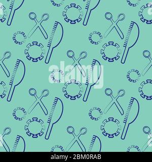 Accessoires pour coiffer les cheveux motif vectoriel sans couture. Infographie toile de fond griffée avec ciseaux, pinceau et motif coronavirus. Impression complète pour Illustration de Vecteur