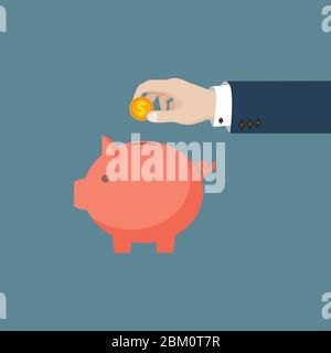 Main d'homme a mis la pièce de monnaie dollar dans la banque de piggy. Économies. Illustration vectorielle de style plat Illustration de Vecteur
