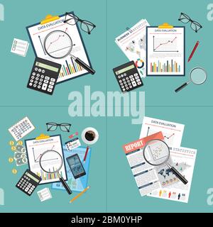 Concept d'audit. Conception réaliste de la comptabilité, de la recherche, du calcul, de la planification, de la gestion, de l'analyse financière, des données. Vue de dessus. Contexte commercial Illustration de Vecteur