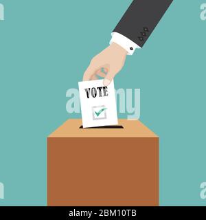 Concept de vote, main d'homme d'affaires mettant le papier de vote dans la boîte, illustration vectorielle dans le design plat Illustration de Vecteur