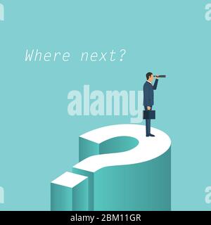 Homme d'affaires visonaire avec monoculaire dans sa main debout sur le point d'interrogation géant. Symbole de vision, de défi, d'objectif, d'opportunité. Vecteur Illustration de Vecteur