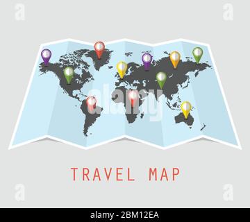 Concept de carte de voyage du monde. Illustration vectorielle en conception plate. Illustration de Vecteur