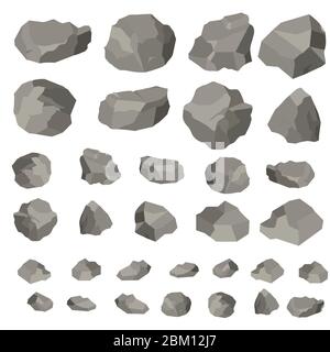 Bande dessinée Rock and Stones, illustration vectorielle isolée sur fond blanc. Grandes et petites pierres en 3D isométrique Illustration de Vecteur