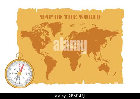 Carte du monde et boussole magnétique. Illustration vectorielle. Illustration de Vecteur