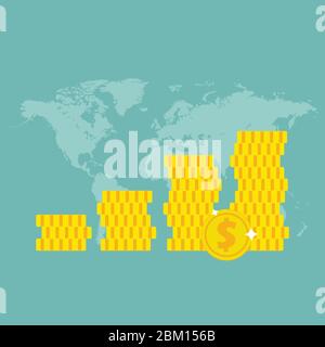 Pile de pièces d'or sur l'arrière-plan de la carte du monde. Illustration vectorielle en conception plate. Illustration de Vecteur