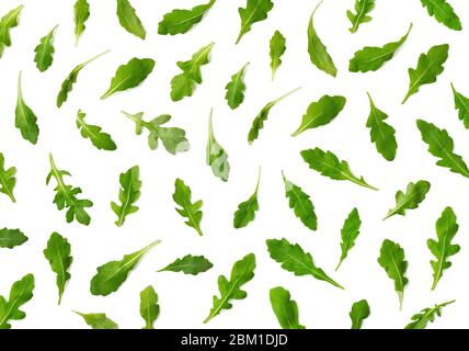 Motif de feuilles de salade d'arugula ou de rocola fraîches isolées sur fond blanc. Vue de dessus Banque D'Images