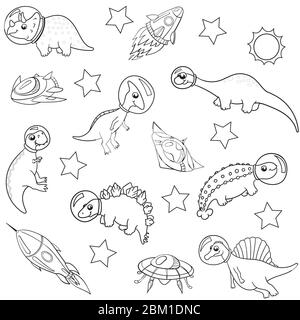 les petits astronautes de dinosaures dans l'espace avec des vaisseaux spatiaux et des planètes, des contours sur fond blanc, un motif vectoriel sans couture. pour les enfants, pour le tissu Illustration de Vecteur