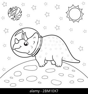 Illustration vectorielle d'un astronaute de dinosaures dans l'espace, Triceratops - livre de coloriage pour enfants Illustration de Vecteur