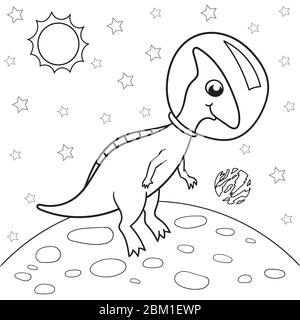 Illustration vectorielle d'un astronaute de dinosaures dans l'espace, Parasaurolophus - livre de coloriage pour enfants Illustration de Vecteur