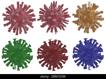 Illustration 3d de six molécules de coronavirus, isolées sur fond blanc Banque D'Images