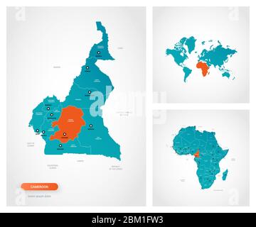 Modèle de carte du Cameroun modifiable avec des marques. Cameroun sur la carte du monde et sur la carte de l'Afrique. Illustration de Vecteur