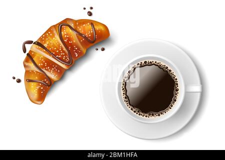 Croissant avec tasse de café isolée. Réaliste traditionnel French Croissant au chocolat. Dessert sucré pour le petit déjeuner ou le déjeuner. Vecteur Illustration de Vecteur