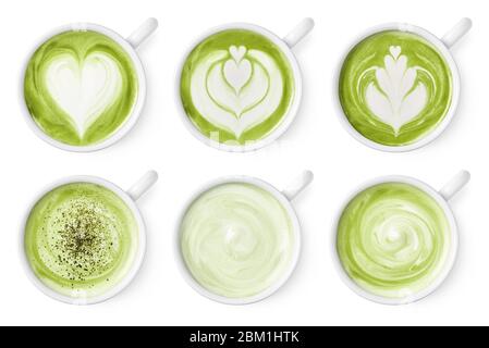 Ensemble de thé vert matcha latte art mousse isolé sur fond blanc, vue de dessus Banque D'Images