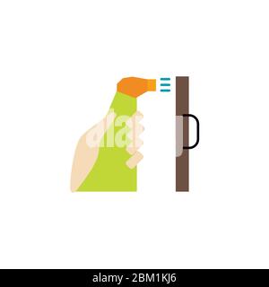 Main avec antiseptique dans une bouteille et liquide desinsictant vaporise et traite la surface Illustration de Vecteur