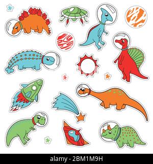 mignon dessin animé coloré variété de dinosaures astronautes autocollants avec contour pour couper, vecteur. Tyrannosaurus, Diplodocus, stegosaurus, Triceratops Illustration de Vecteur