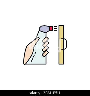 Main avec antiseptique dans une bouteille et liquide desinsictant vaporise et traite la surface Illustration de Vecteur