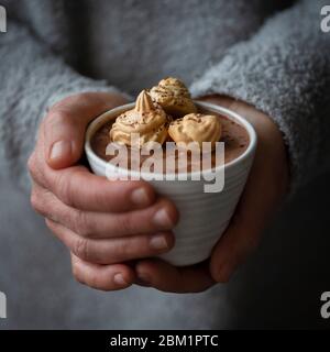 Mains de femmes tenant une tasse de chocolat chaud. Une préparation savoureuse avec tasse, biscuits au chocolat chaud et couleurs d'automne. Banque D'Images
