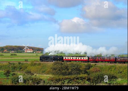 Chemin de fer à vapeur, tendre chemin de fer du nord de Norfolk, ligne de coquelicot, montrant le moulin à vent de Weybourne, Royaume-Uni, septembre Banque D'Images