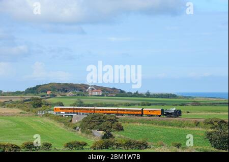 Chemin de fer à vapeur, tendre chemin de fer du nord de Norfolk, ligne de coquelicot, montrant le moulin à vent de Weybourne, Royaume-Uni, septembre Banque D'Images