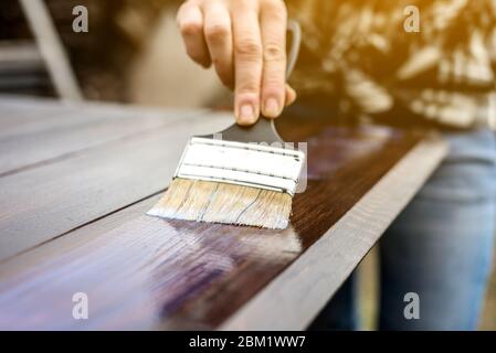 Un charpentier en bois applique une couche protectrice de vernis transparent. Main avec une brosse sur le plan d'examen Banque D'Images