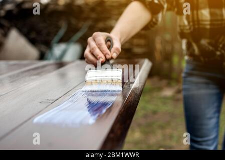 Un charpentier en bois applique une couche protectrice de vernis transparent. Main avec une brosse sur le plan d'examen Banque D'Images