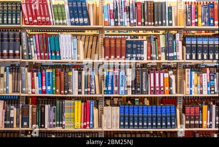 Des piles colorées de livres d'art de bibliothèque publique sur les étagères de la bibliothèque. Remplit l'ensemble du cadre. Éducation, croissance personnelle, intérêts, concepts d'apprentissage. Banque D'Images