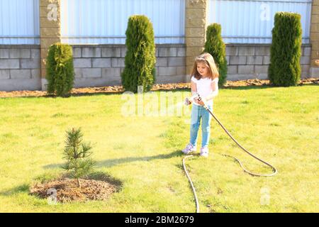 Petite fille avec un tuyau dans ses mains arroser une pelouse verte Banque D'Images