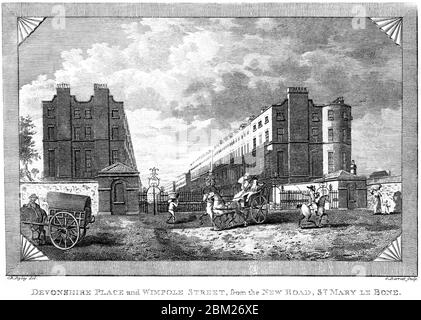 Gravure de Devonshire place et de Wimpole Street de la New Road, St Mary le Bone a scanné à haute résolution à partir d'un livre imprimé en 1827. Banque D'Images