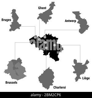 Belgique carte infographique avec les villes Bruxelles Bruxelles, Liège Luik, Gand, Bruges, Charleroi, Anvers Anvers Anvers gris sur fond blanc Banque D'Images