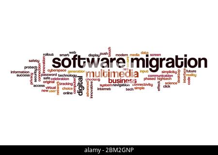 Concept de migration de logiciel Word Cloud sur fond blanc Banque D'Images