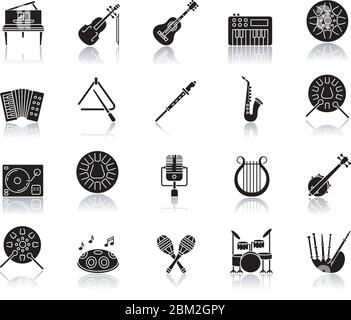 Jeu d'icônes de glyphes noir d'instrument de musique classique ombre portée Illustration de Vecteur