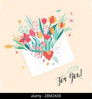 Illustration vectorielle de la fleur dans le courrier. Bouquet de fleurs dans le courrier blanc. Illustration sur fond rose. Illustration de Vecteur