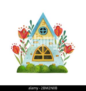 Maison à l'aquarelle dessinée à la main avec fleurs. Isolé sur le fond clair. Jolie maison de conte de fées avec décor. Banque D'Images