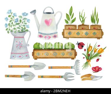 Ensemble de jardinage aquarelle. Illustration peinte à la main lumineuse avec outils de jardinage, arrosoir, plantules, insectes et fleurs. Banque D'Images
