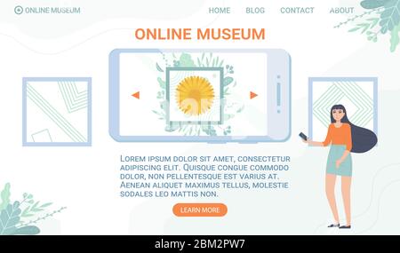 Modèle de bannière Web de musée en ligne. Restez à la maison, galerie interactive, exposition numérique éducation, excursion mobile, quarantaine de divertissement concept Illustration de Vecteur