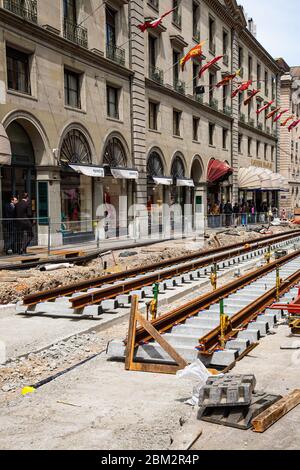 Reconstruction des voies du réseau de tramways dans la ville de Genève en 2010 Banque D'Images