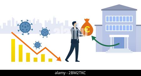 Impact du coronavirus covid-19 sur l'économie et la réponse: Graphique montrant la crise financière et l'homme d'affaires recevant des fonds du gouvernement et de l'interdiction centrale Illustration de Vecteur