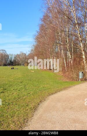 Tremoniapark à Dortmund, Rhénanie-du-Nord-Westphalie, Allemagne. Parc de la ville photographié par une journée ensoleillée en automne. Arbre sans feuilles, personnes en arrière-plan lointain. Parc de Tremonia. Banque D'Images