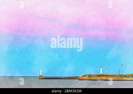 Un paysage marin magnifique avec une peinture colorée au phare ressemble à une image Banque D'Images