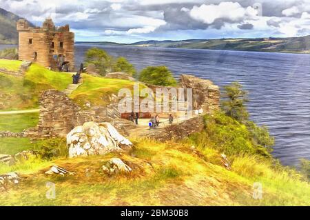 Vue sur le vieux château peinture colorée ressemble à l'image, Loch Ness, Inverness-shire, Écosse, Royaume-Uni Banque D'Images