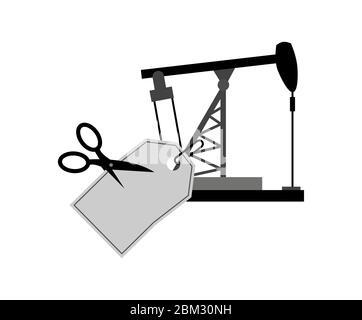 Étiquette de prix et ciseaux pour équipement de forage pétrolier. Baisse du prix du pétrole. Illustration de la réduction des prix. Réduction de prix Illustration de Vecteur