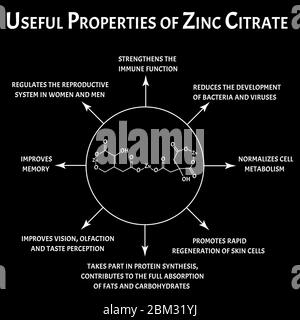 Citrate de zinc propriétés utiles formule chimique moléculaire. Infographies sur le zinc. Illustration vectorielle. Illustration de Vecteur