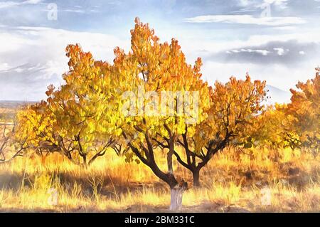 Arbres dans la vallée d'Ararat dans Sardarapas peinture colorée, province d'Armavir, Arménie Banque D'Images